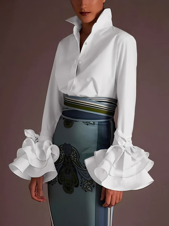 Chic Solid Flared Sleeve Blouse - Elegant Single Button - Perfect for Spring & Fall Wardrobe