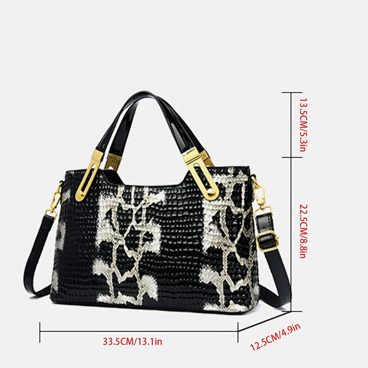 [Glossy Handbag] 2024 New Fashion Glossy Handbag & Handbag - Black & Golden Snake Light Beige Design, Large Capacity with Zipper Closure, Durable Polyester Lining & Golden-Tone Hardware for Wo 's Casual & Formal Events, Handb