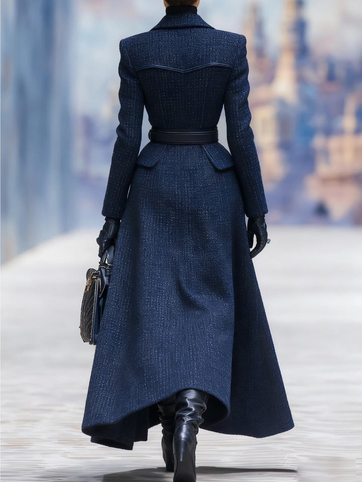 Women's Navy Blue Tweed Double-Breasted Longline Coat with Belted Waist