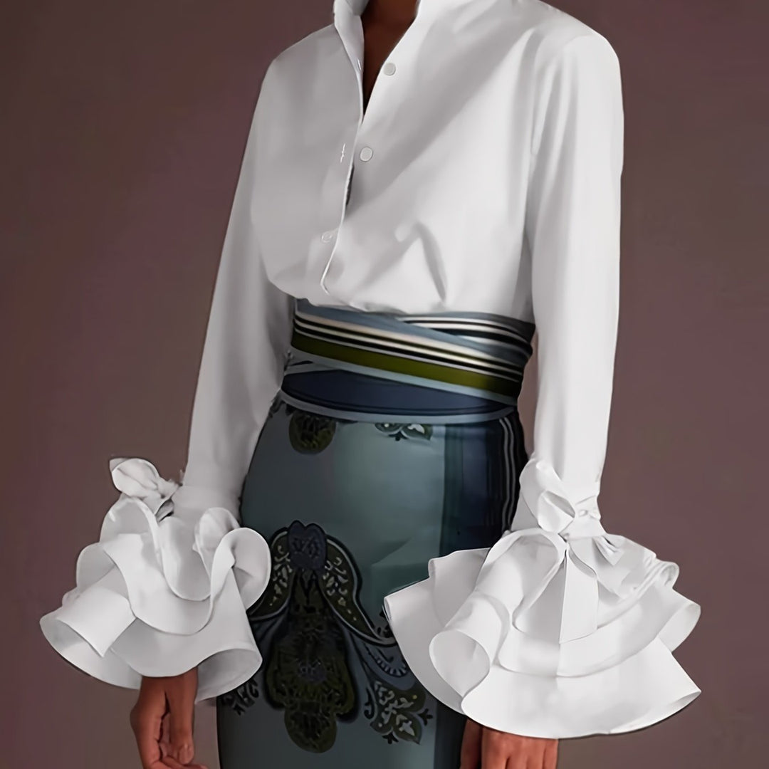 Chic Solid Flared Sleeve Blouse - Elegant Single Button - Perfect for Spring & Fall Wardrobe