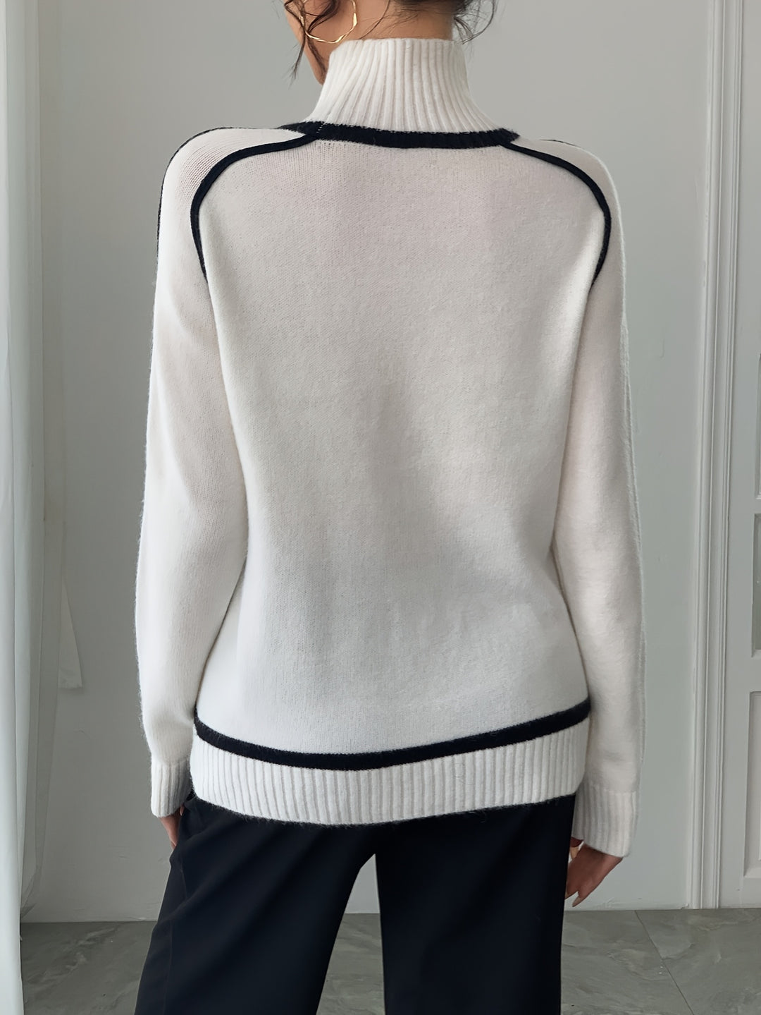 Elegant Black & White Striped Sweater | Women's High Neck Long Sleeve Top