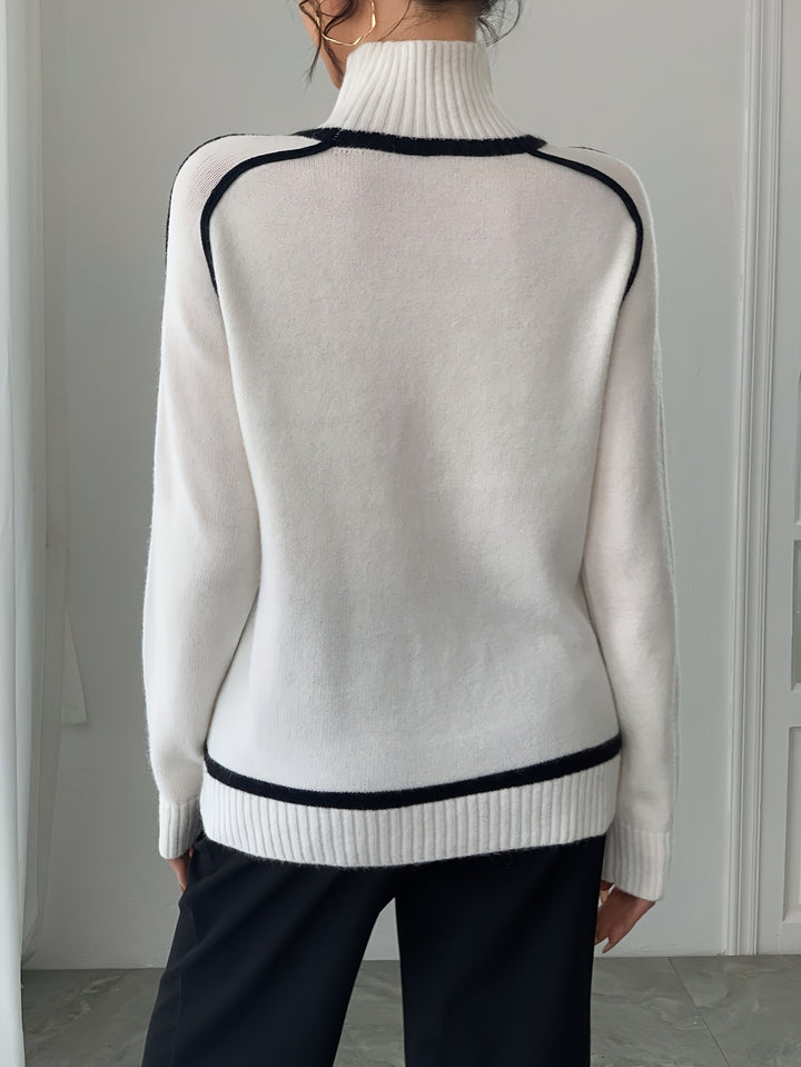 Elegant Black & White Striped Sweater | Women's High Neck Long Sleeve Top
