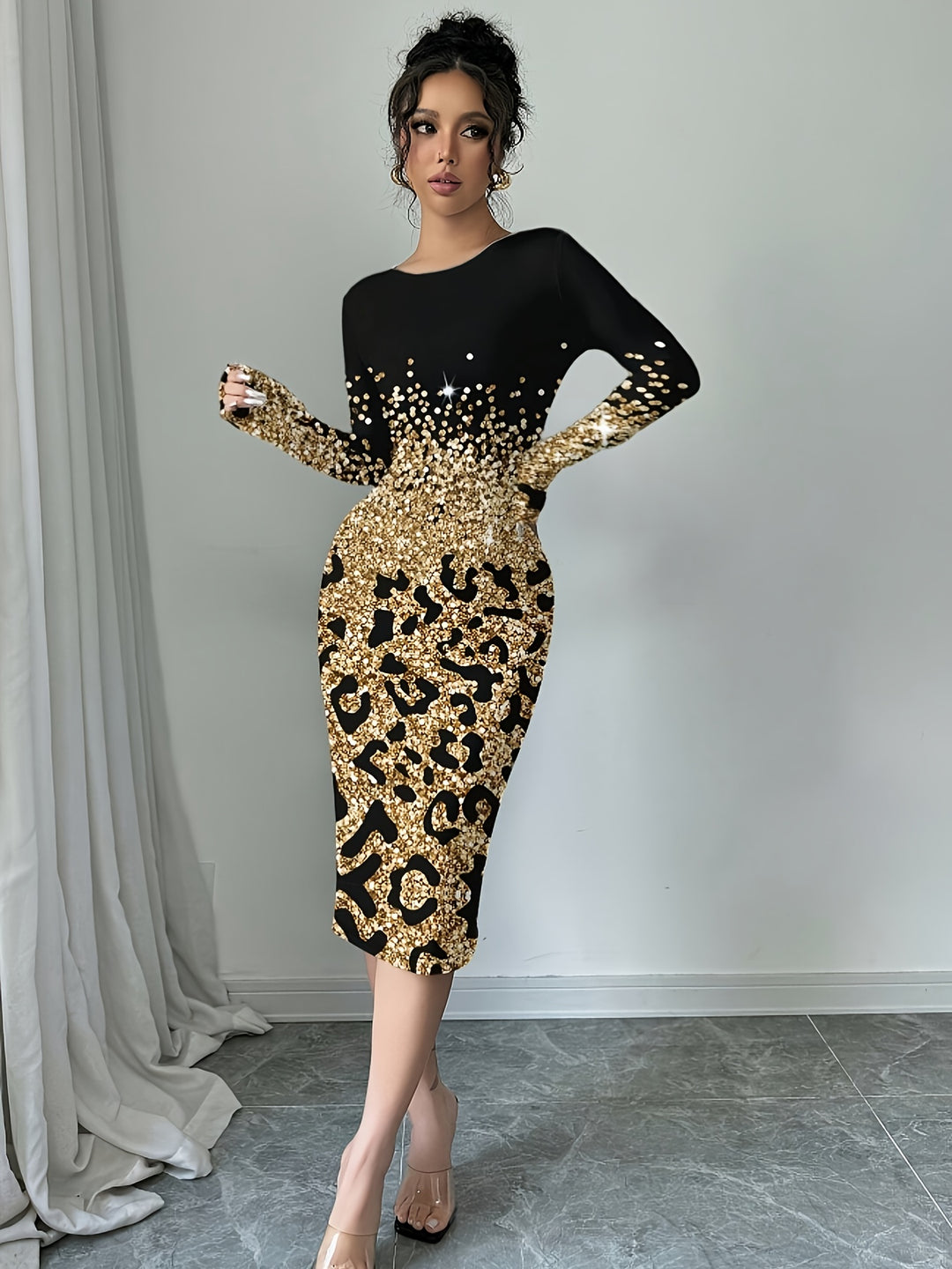 Women'S Elegant Golden Foil Leopard Print Maxi Dress