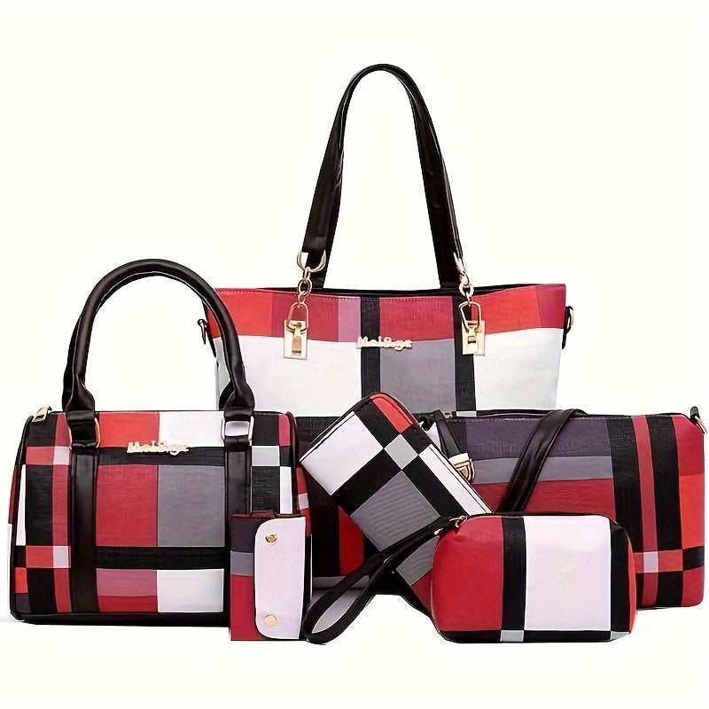 6pcs/set Large Capacity Checkered Pattern Shoulder Bag With Simple Handbag