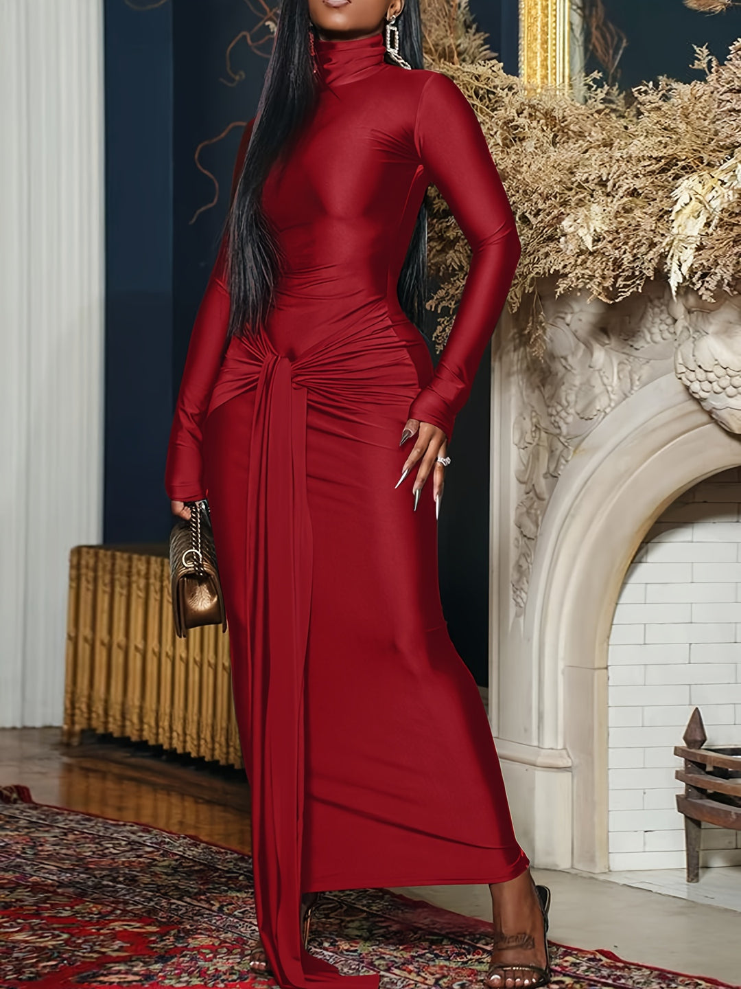 Elegant Women's High-Neck Bodycon Midi Dress