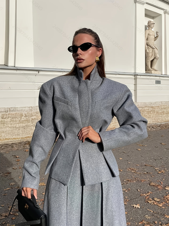 Women's 2pcs Elegant Solid Color Jacket & Midi Suit Set