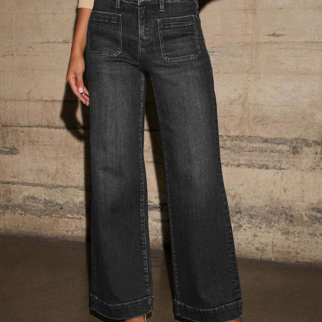 1pc Women'S High- Waisted Wide- Leg Jeans, Vintage Wash Trousers with Pocket Detail, Trendy Loose- Fit Pants Casual Outfits