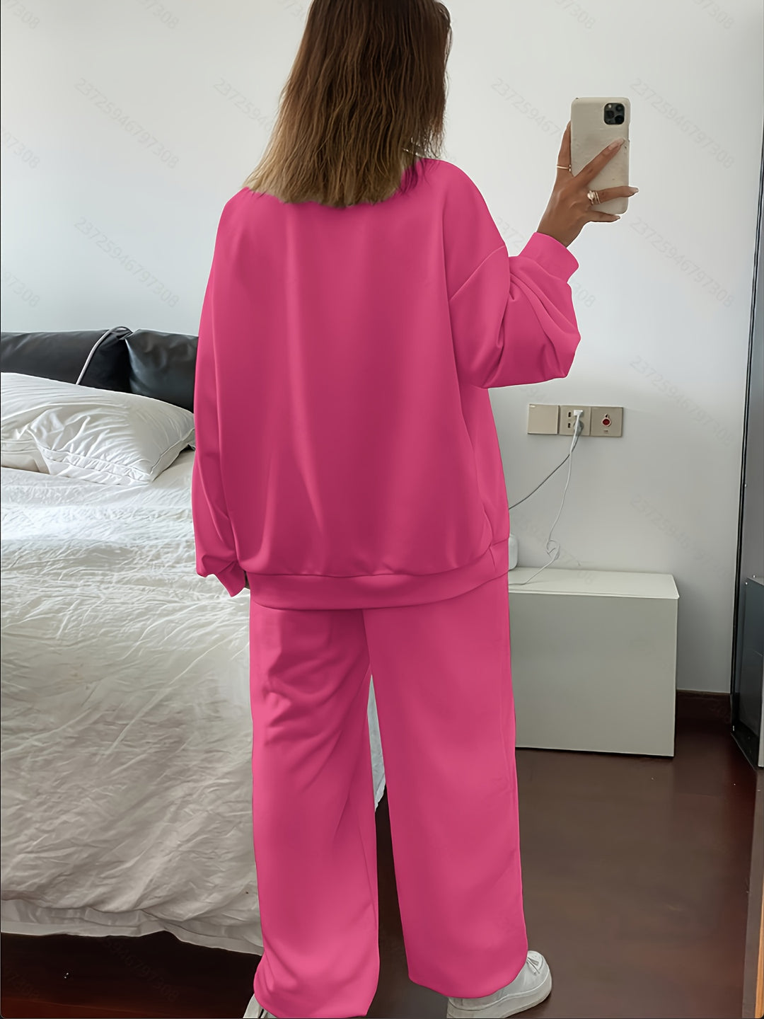 Solid Color Women's Casual Sweatshirt and Pants Set - Long Sleeve Crew Neck, Loose Fit, Embroidered Design, Perfect for Fall/Winter, Casual Wear|Casual Style|Embroidered Detailing, Sweater Dress