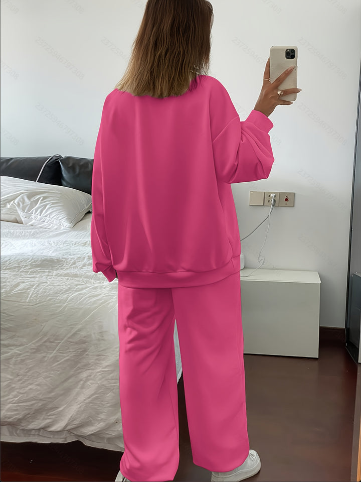 Solid Color Women's Casual Sweatshirt and Pants Set - Long Sleeve Crew Neck, Loose Fit, Embroidered Design, Perfect for Fall/Winter, Casual Wear|Casual Style|Embroidered Detailing, Sweater Dress