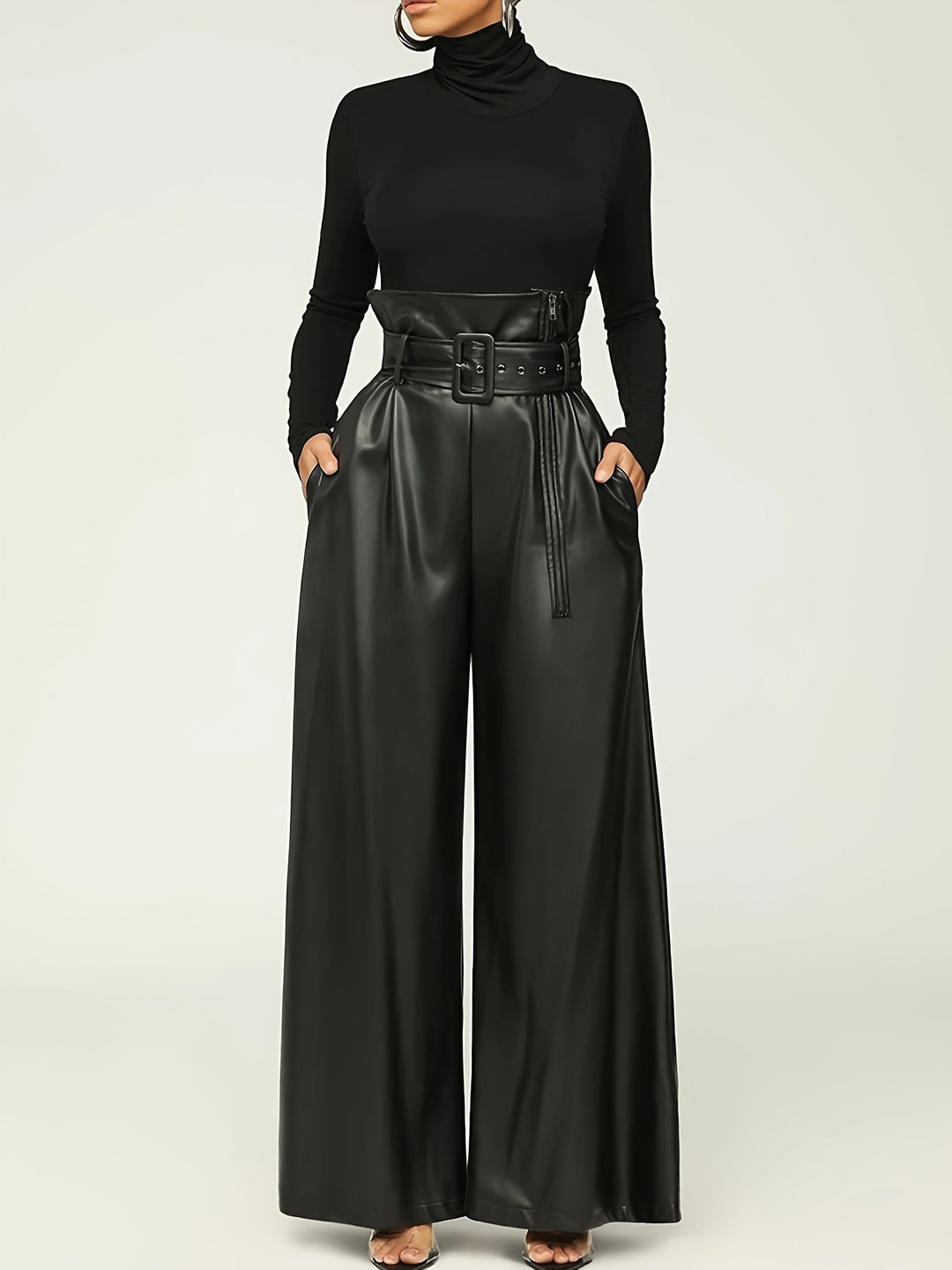 Women's High-Waisted Wide Leg Pants with Metallic Belt Detail
