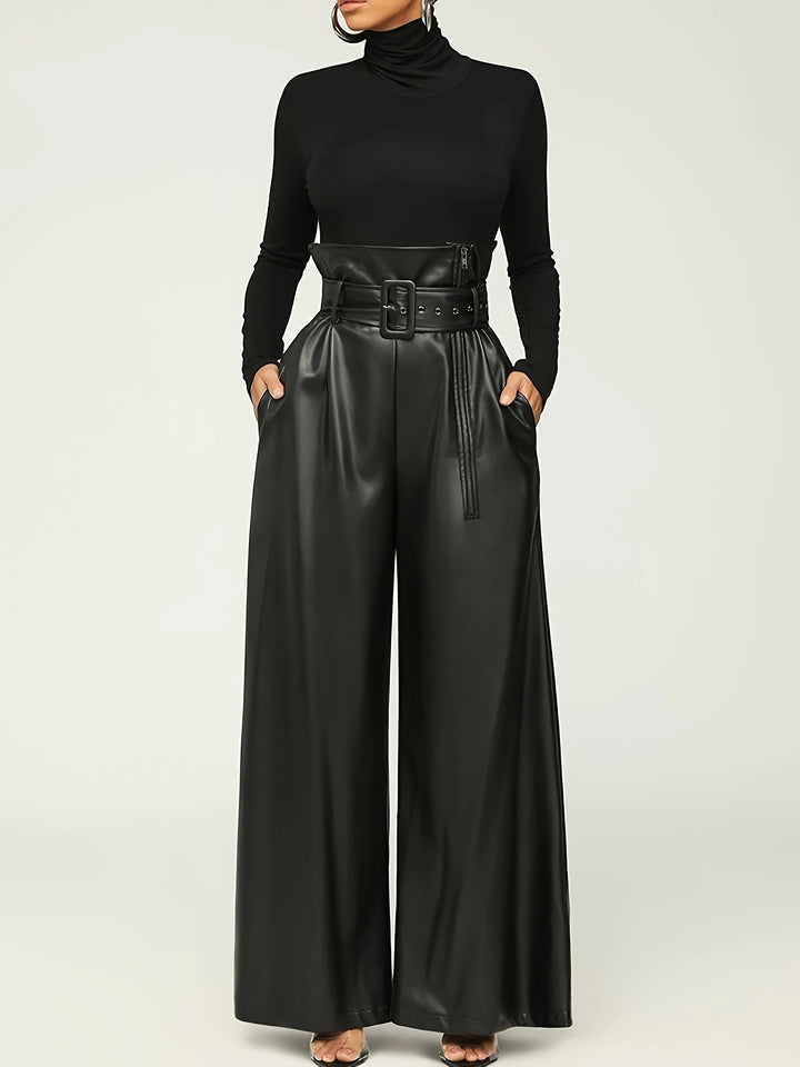 Women's High-Waisted Wide Leg Pants with Metallic Belt Detail