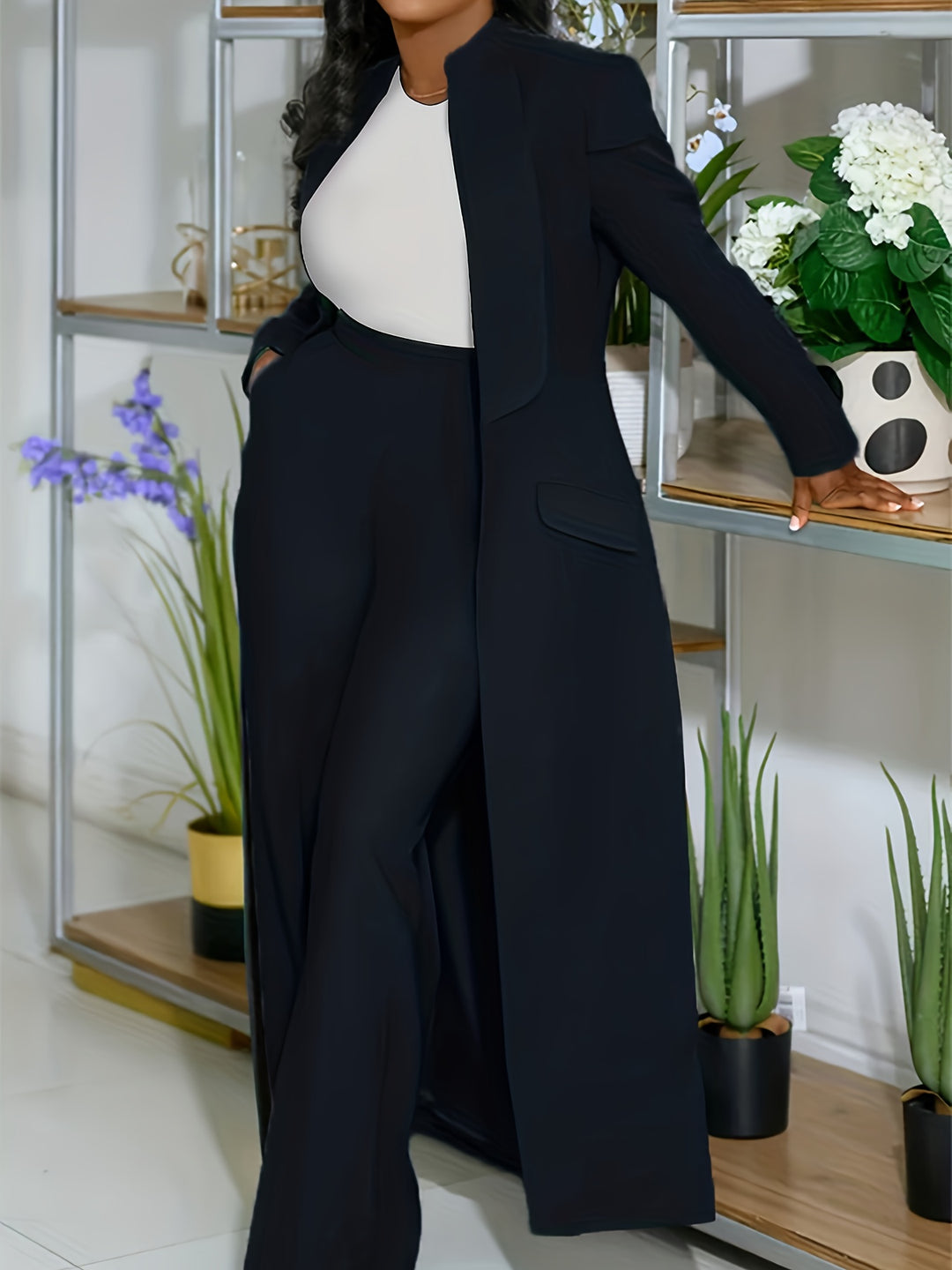 Notched Collar Long Blazer Suit Set for Women