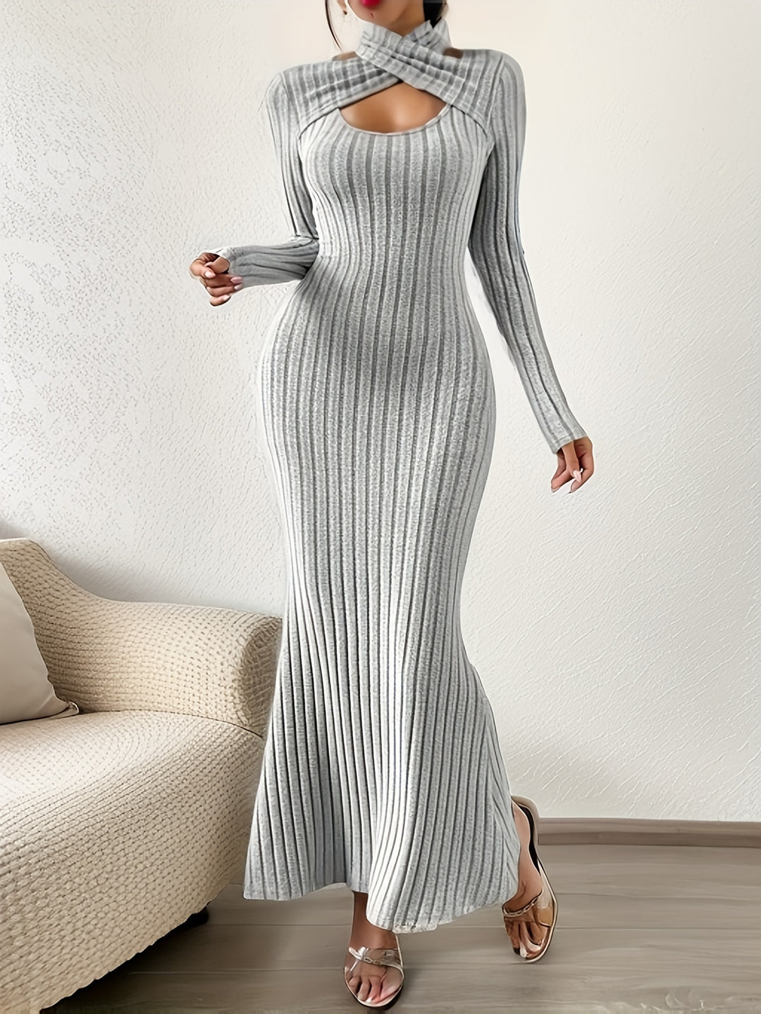 Ruched Criss Cross Halter Neck Dress, Elegant Bodycon Long Sleeve Dress
