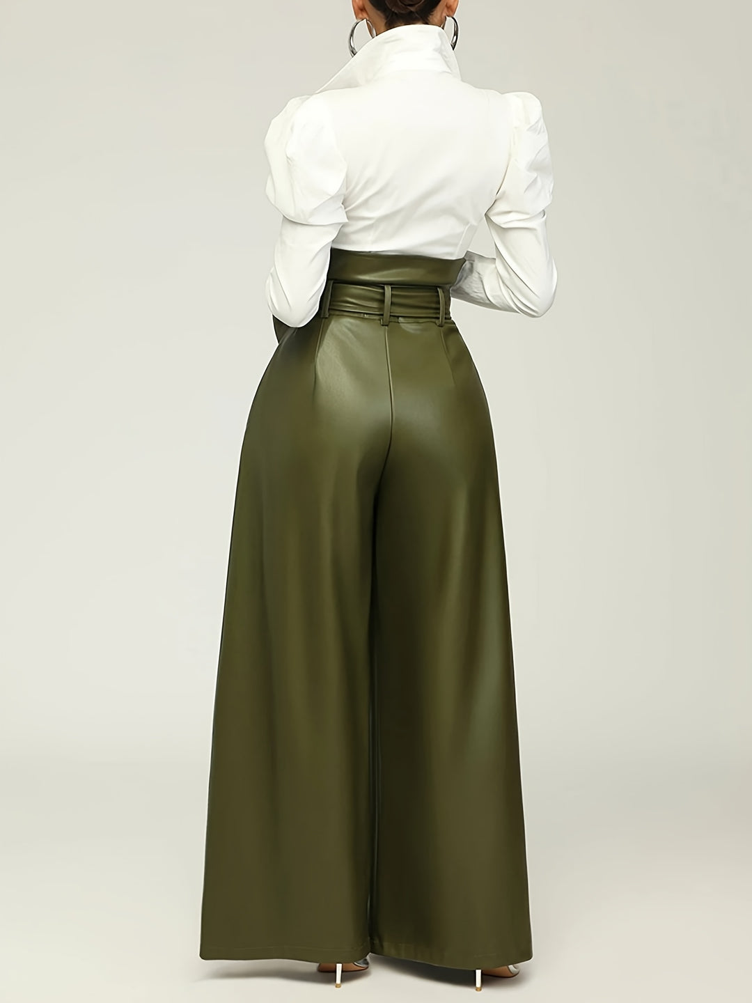 Women's High-Waisted Wide Leg Pants with Metallic Belt Detail