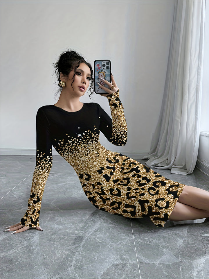 Women'S Elegant Golden Foil Leopard Print Maxi Dress