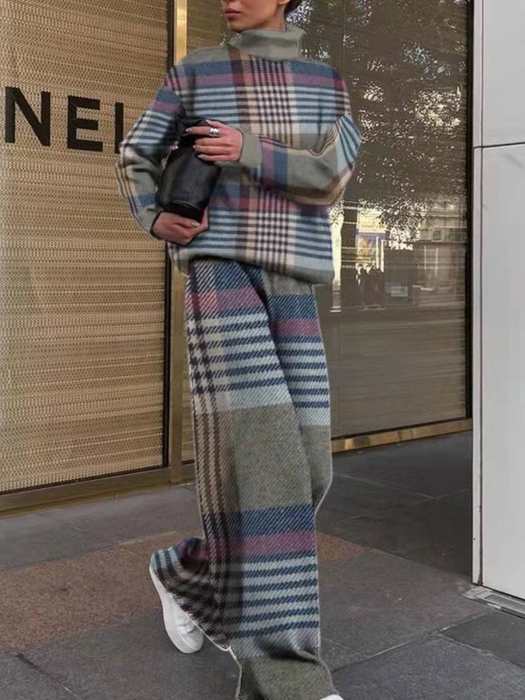 Women's Houndstooth Pants Set - Loose High-Neck Long Sleeve Two-Piece Outfit