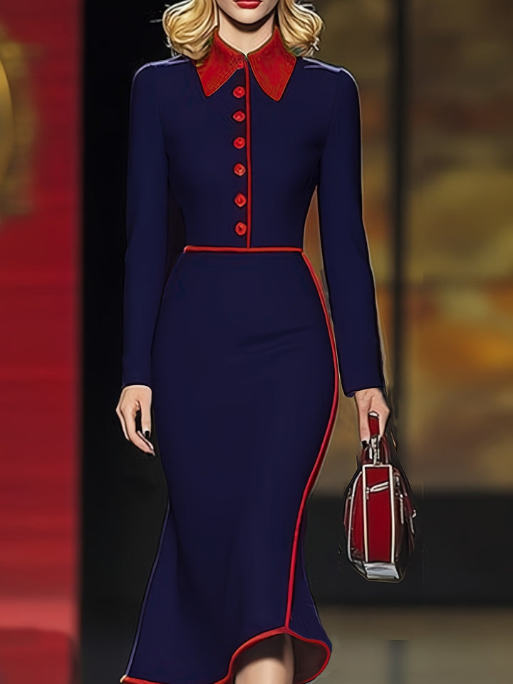 Navy Blue Collar Mermaid Dress with Red/White Trim - Tailored Fitted Midi Length Office to Party Wear, Structured Collar & Cuff Sleeve Panel Dress for Professional & Formal Events (Hand Washable)