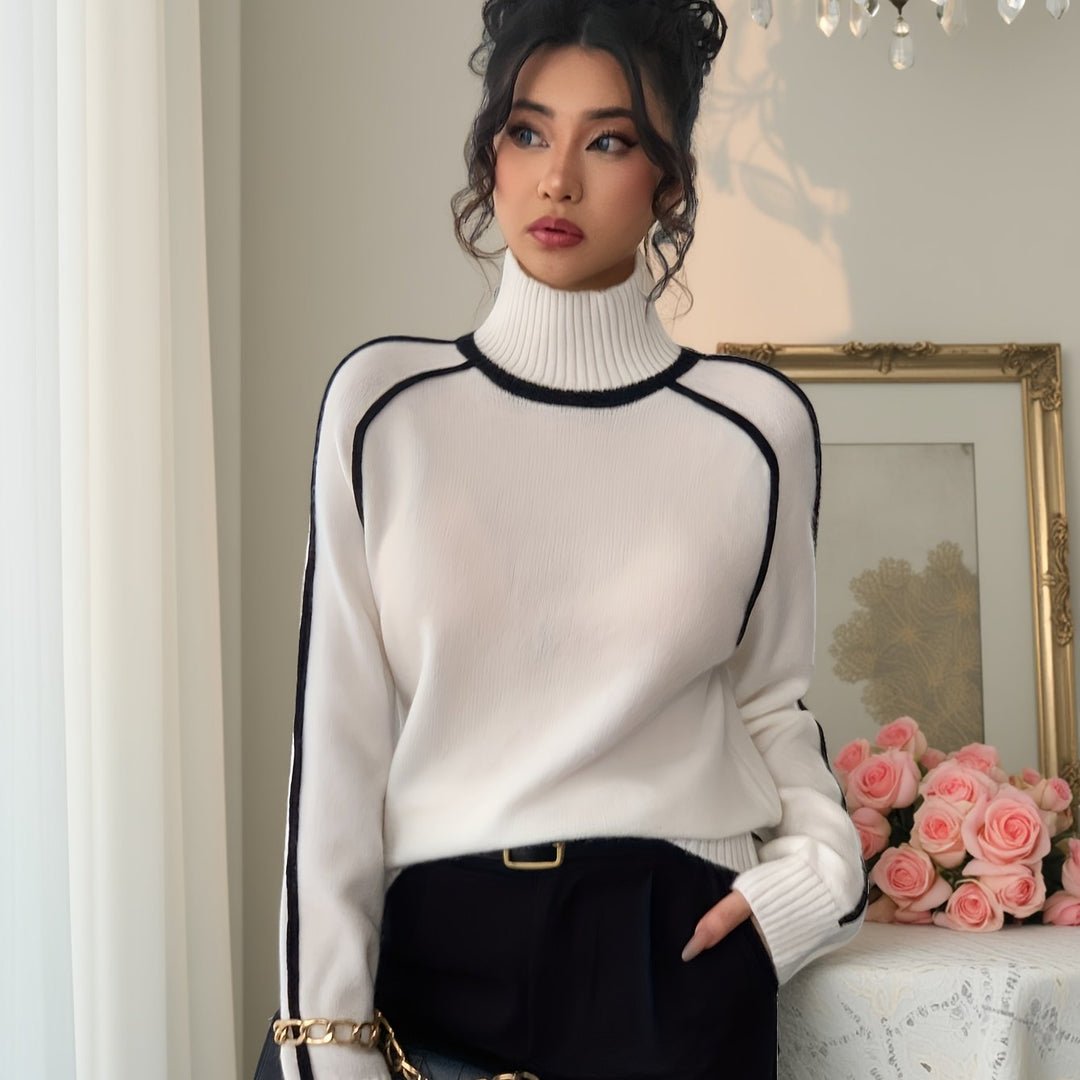 Elegant Black & White Striped Sweater | Women's High Neck Long Sleeve Top