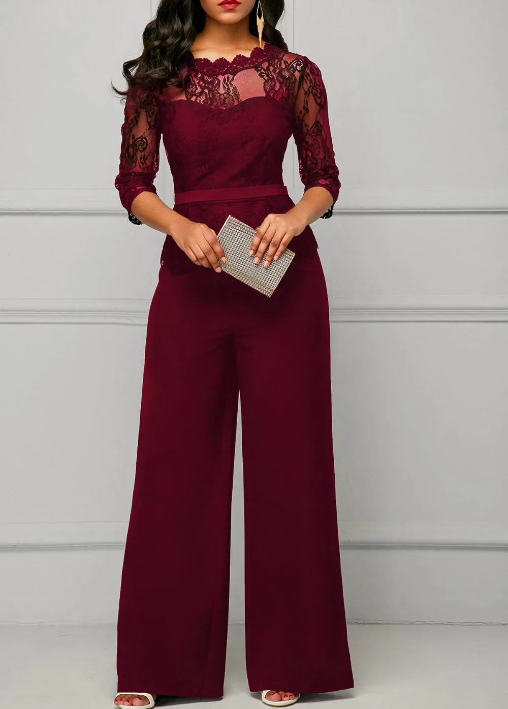 Elegant Sexy Jumpsuits Women Long Sleeve Lace Patchwork Jumpsuit