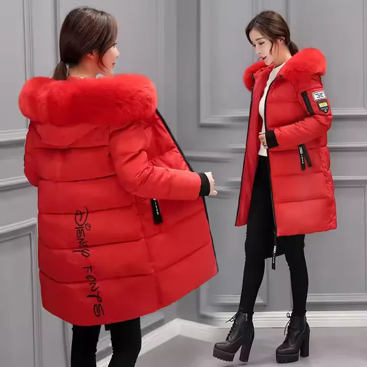 Winter Women Coat Parkas Mid-length Hooded Big Fur Collar Warmth Jacket
