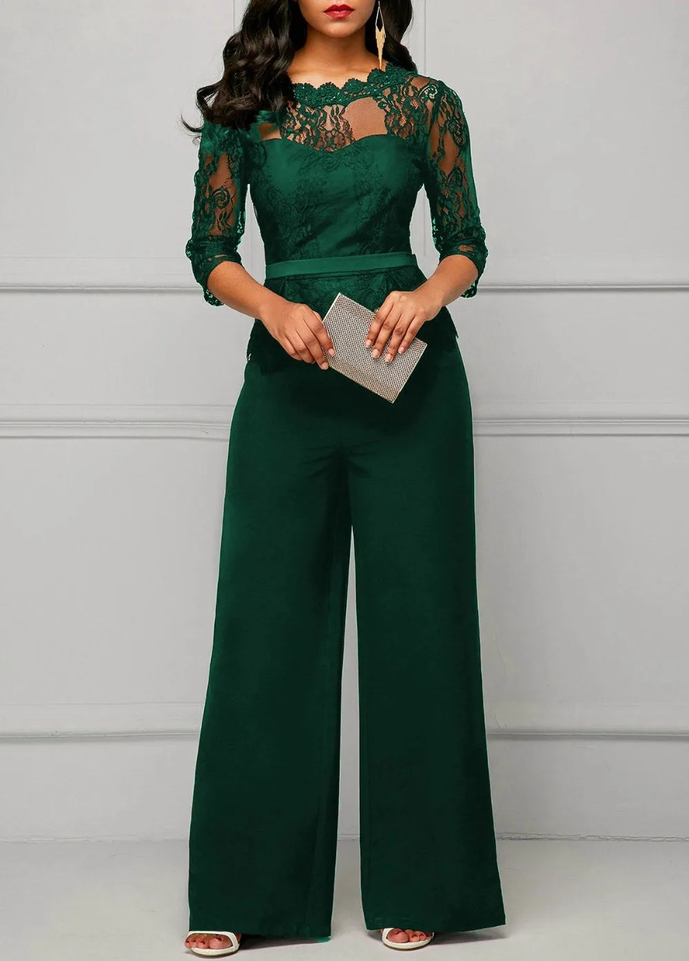 Elegant Sexy Jumpsuits Women Long Sleeve Lace Patchwork Jumpsuit