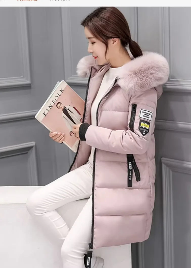 Winter Women Coat Parkas Mid-length Hooded Big Fur Collar Warmth Jacket