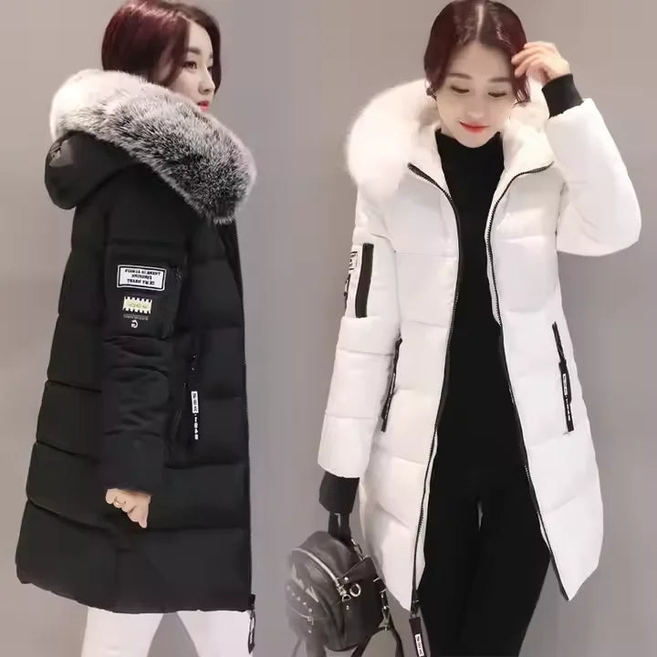 Winter Women Coat Parkas Mid-length Hooded Big Fur Collar Warmth Jacket