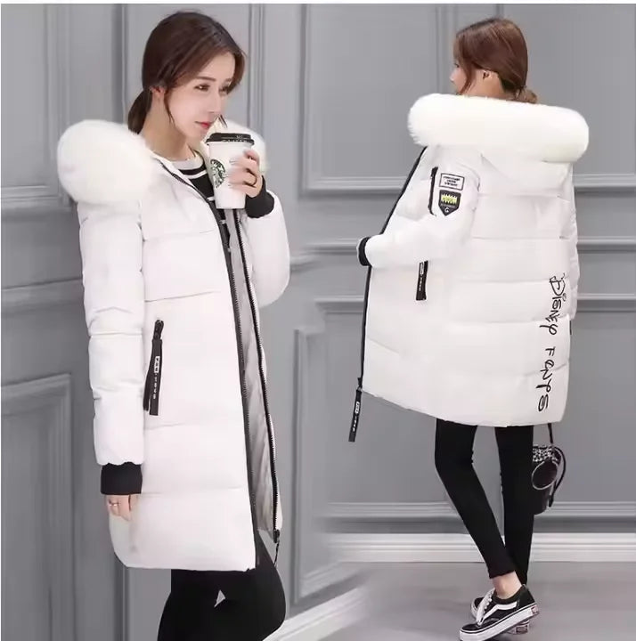 Winter Women Coat Parkas Mid-length Hooded Big Fur Collar Warmth Jacket