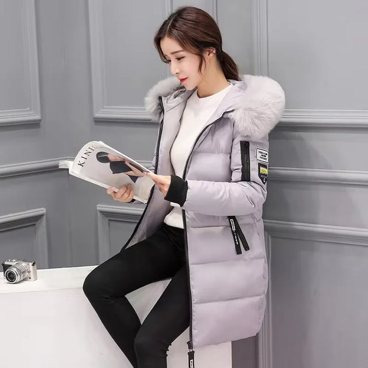 Winter Women Coat Parkas Mid-length Hooded Big Fur Collar Warmth Jacket