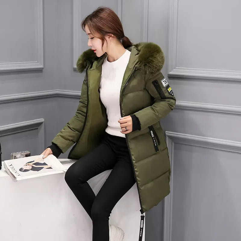 Winter Women Coat Parkas Mid-length Hooded Big Fur Collar Warmth Jacket