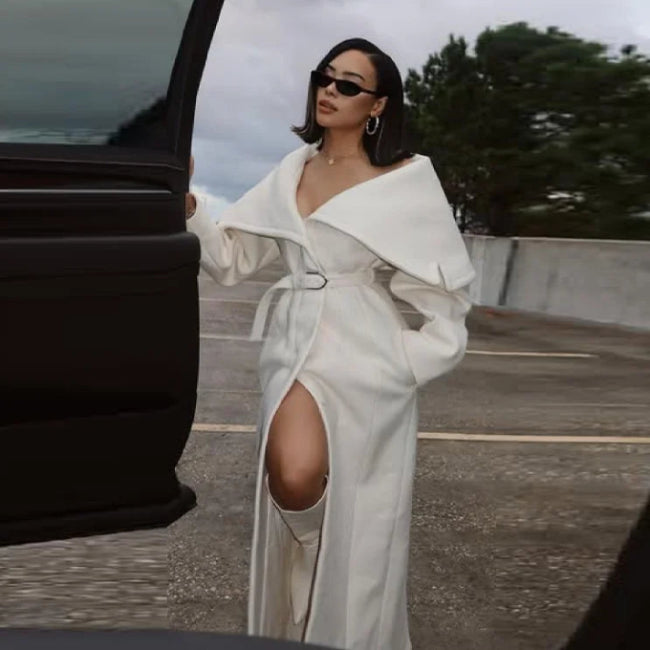 Stylish Elegant Woolen Coat Belted High-end Office