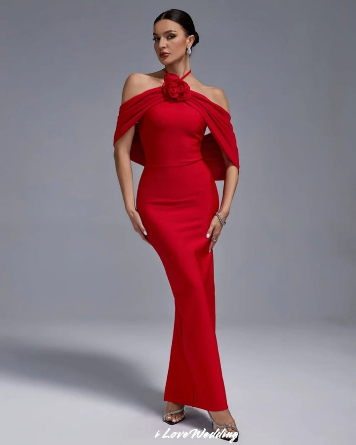 Red Off The Shoulder Evening Dresses 2025 3D Flowers Satin Halter Sleeveless Ankle-Length Mermaid Wedding Party Dress Customized