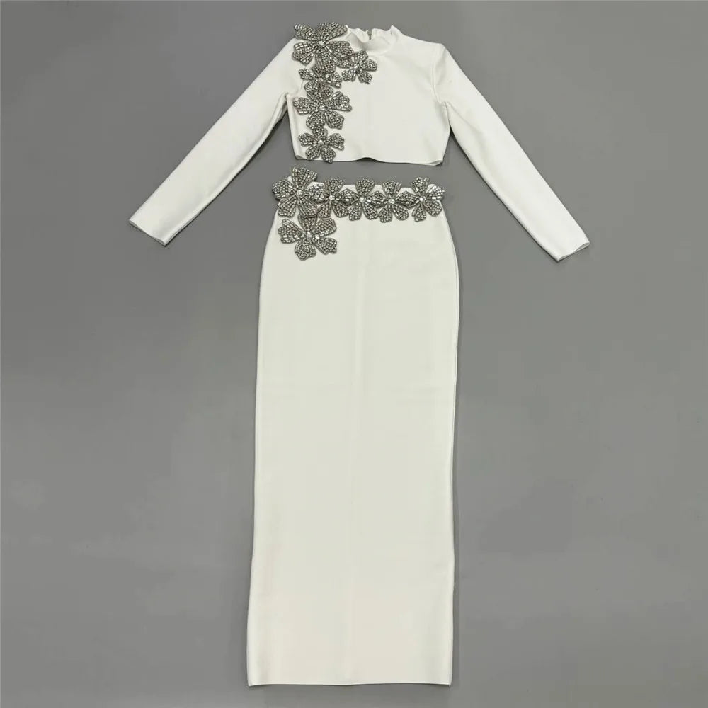 2024 New Arrival Women Two Pieces Sets Sexy Diamonds Long Sleeve Tops Skirts Autumn