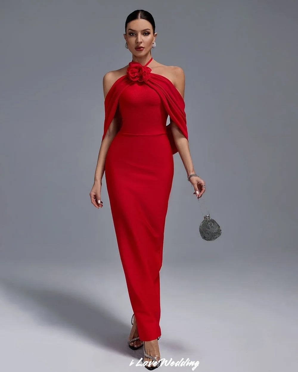 Red Off The Shoulder Evening Dresses 2025 3D Flowers Satin Halter Sleeveless Ankle-Length Mermaid Wedding Party Dress Customized