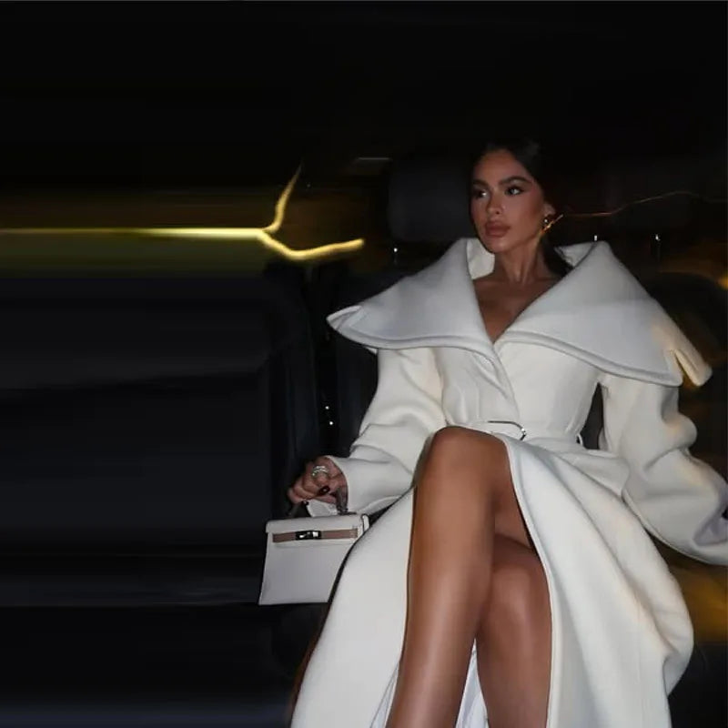 Stylish Elegant Woolen Coat Belted High-end Office