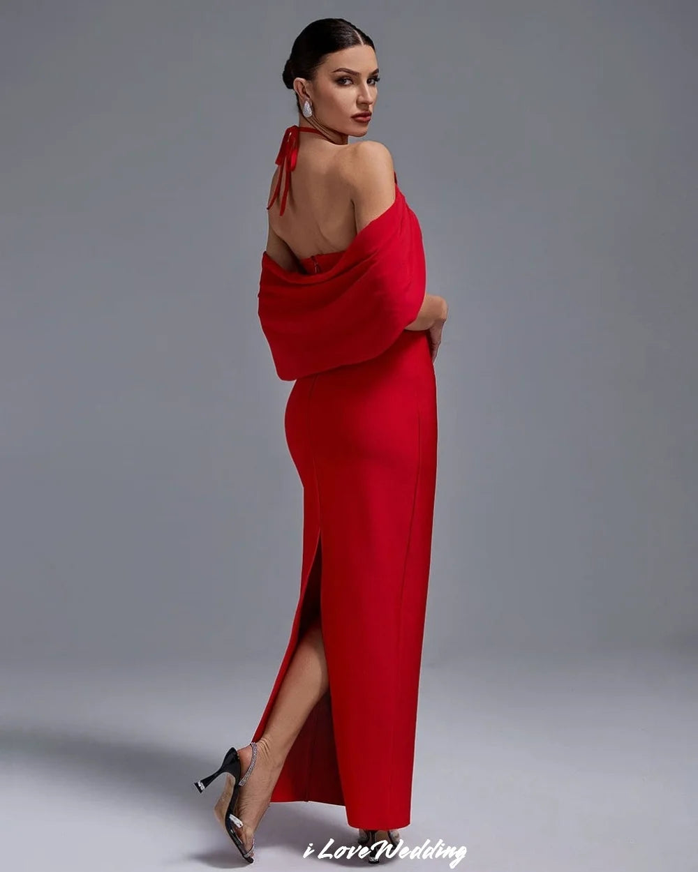 Red Off The Shoulder Evening Dresses 2025 3D Flowers Satin Halter Sleeveless Ankle-Length Mermaid Wedding Party Dress Customized