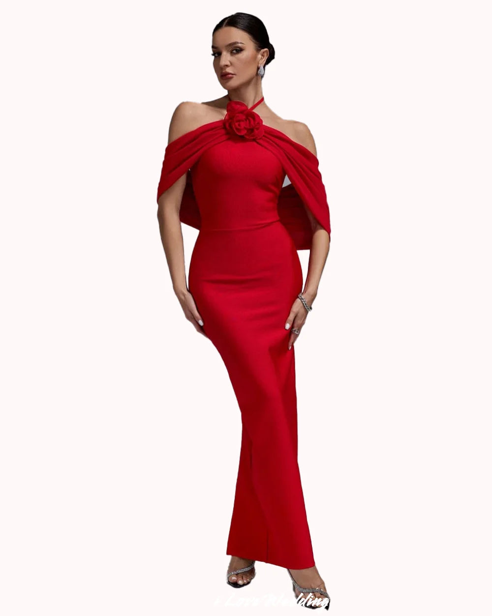 Red Off The Shoulder Evening Dresses 2025 3D Flowers Satin Halter Sleeveless Ankle-Length Mermaid Wedding Party Dress Customized