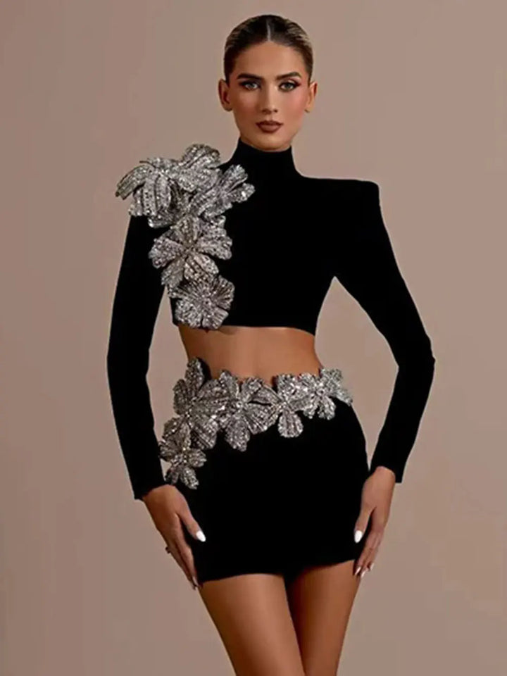 Women's Heavy Industry Nail Bead Flower Short Skirt Set