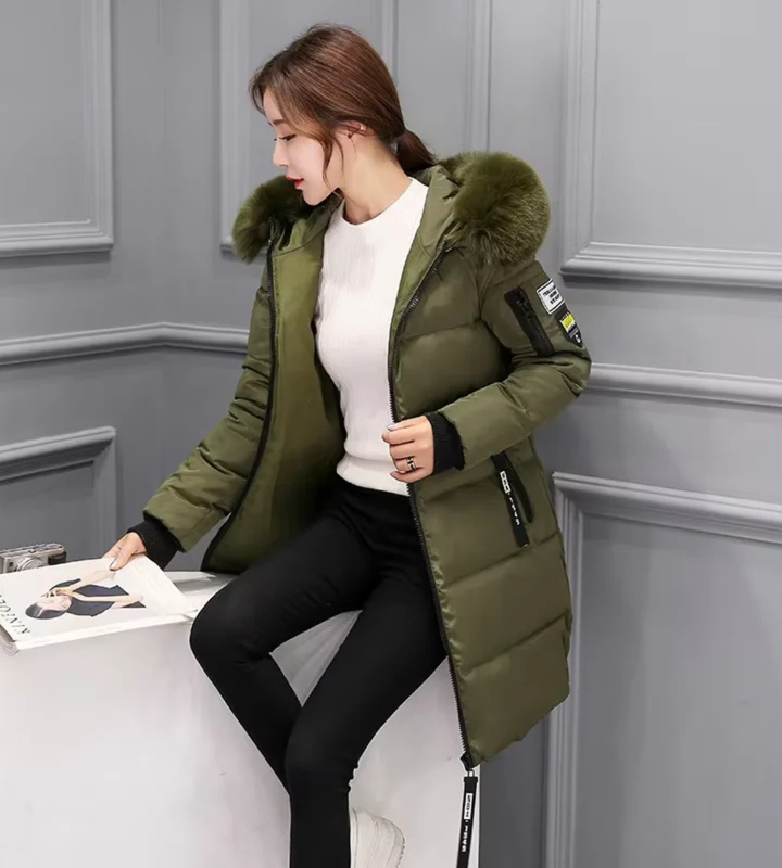 Winter Women Coat Parkas Mid-length Hooded Big Fur Collar Warmth Jacket
