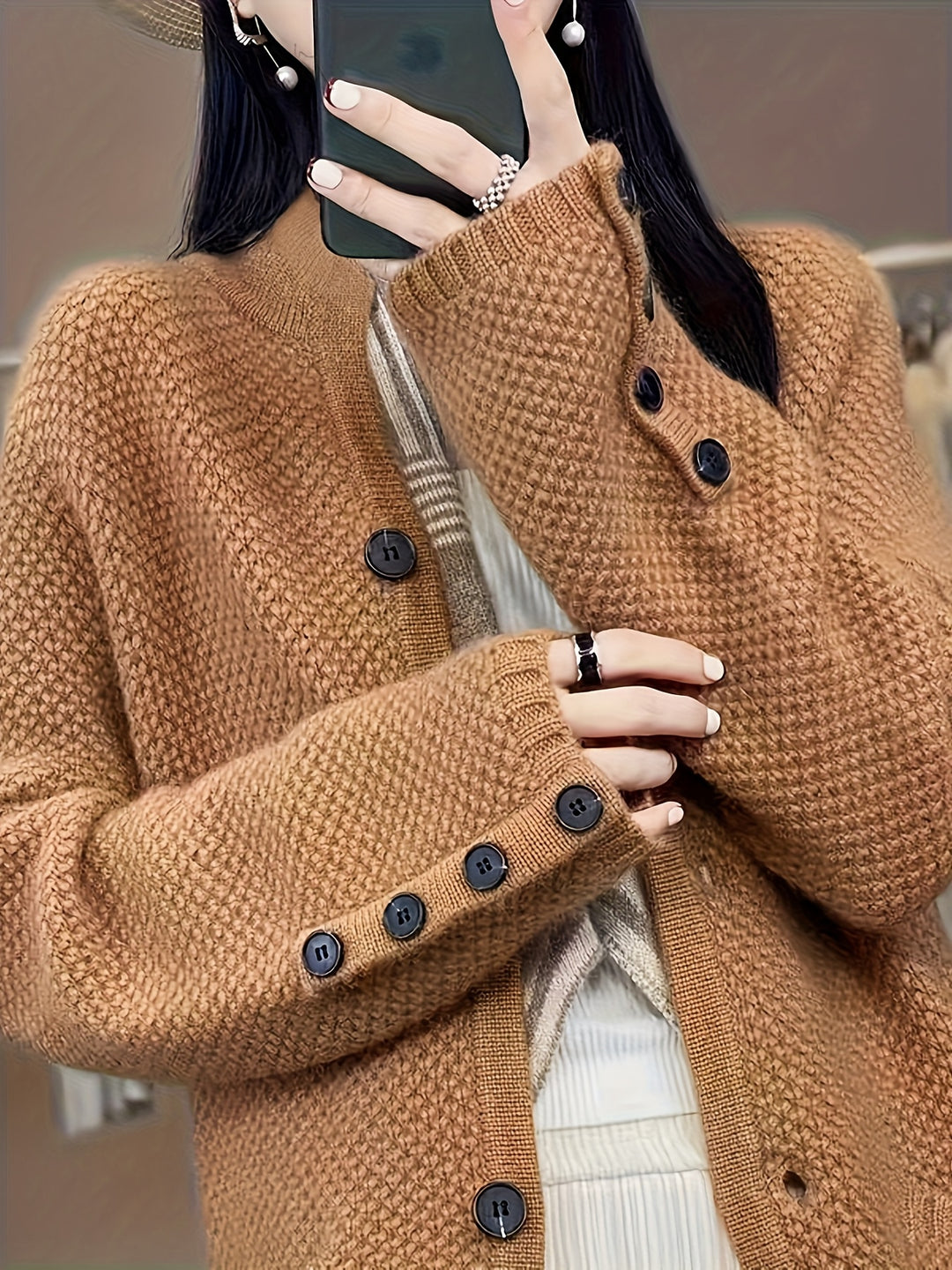 Elegant Women's High Neck Pocket Cardigan Coat, Autumn and Winter Outfit, Casual Streetwear for Daily Commute