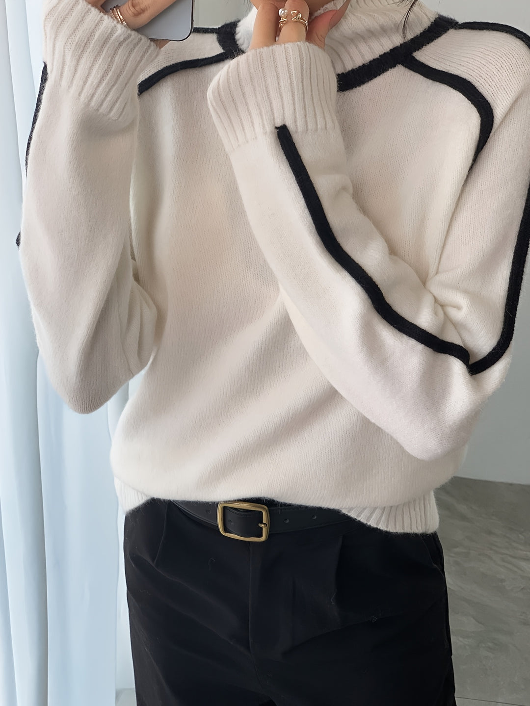 Elegant Black & White Striped Sweater | Women's High Neck Long Sleeve Top