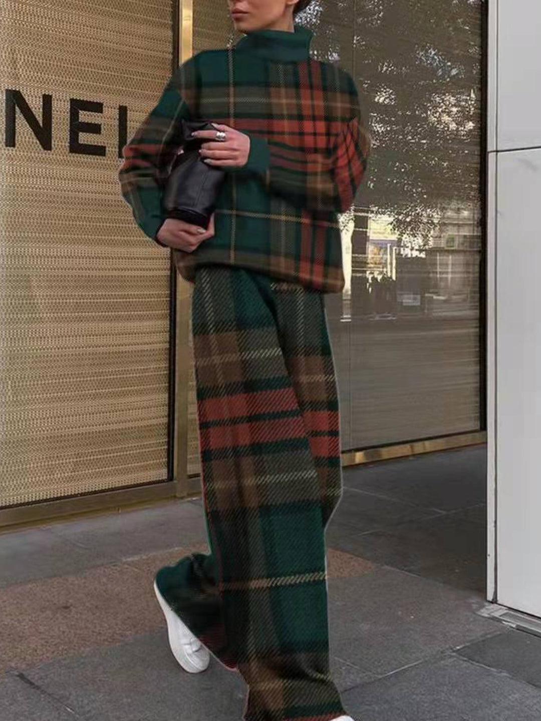 Women's Houndstooth Pants Set - Loose High-Neck Long Sleeve Two-Piece Outfit