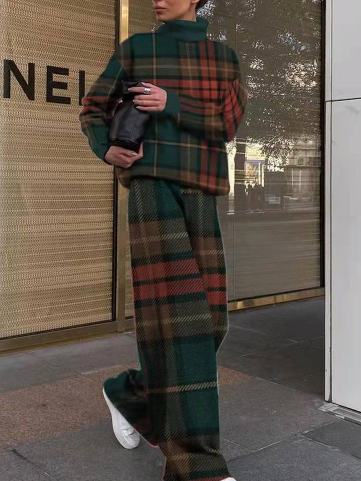 Women's Houndstooth Pants Set - Loose High-Neck Long Sleeve Two-Piece Outfit