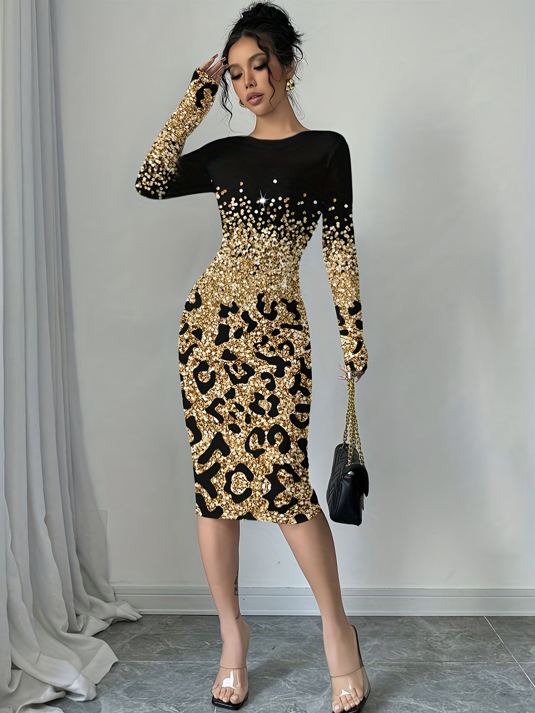 Women'S Elegant Golden Foil Leopard Print Maxi Dress