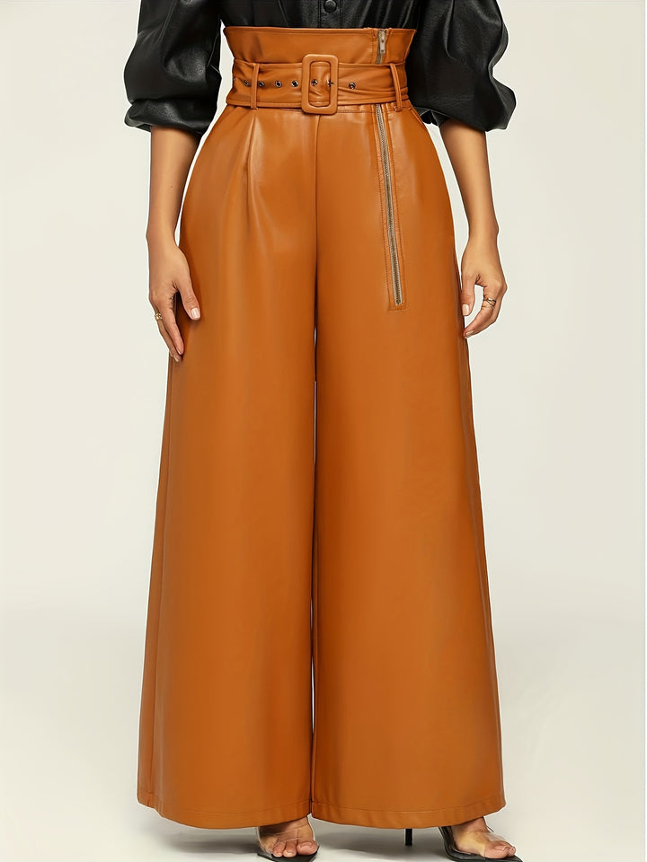 Women's High-Waisted Wide Leg Pants with Metallic Belt Detail
