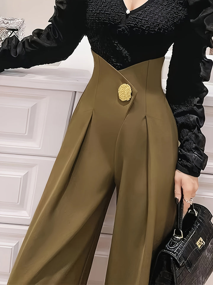 Women's High-Waisted Wide-Leg Dress Pants with Button Closure