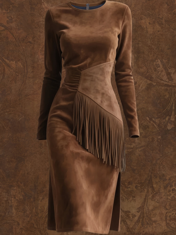 Women's Vintage Western Cowgirl Dress with Fringe Hem & Fringe Sleeves