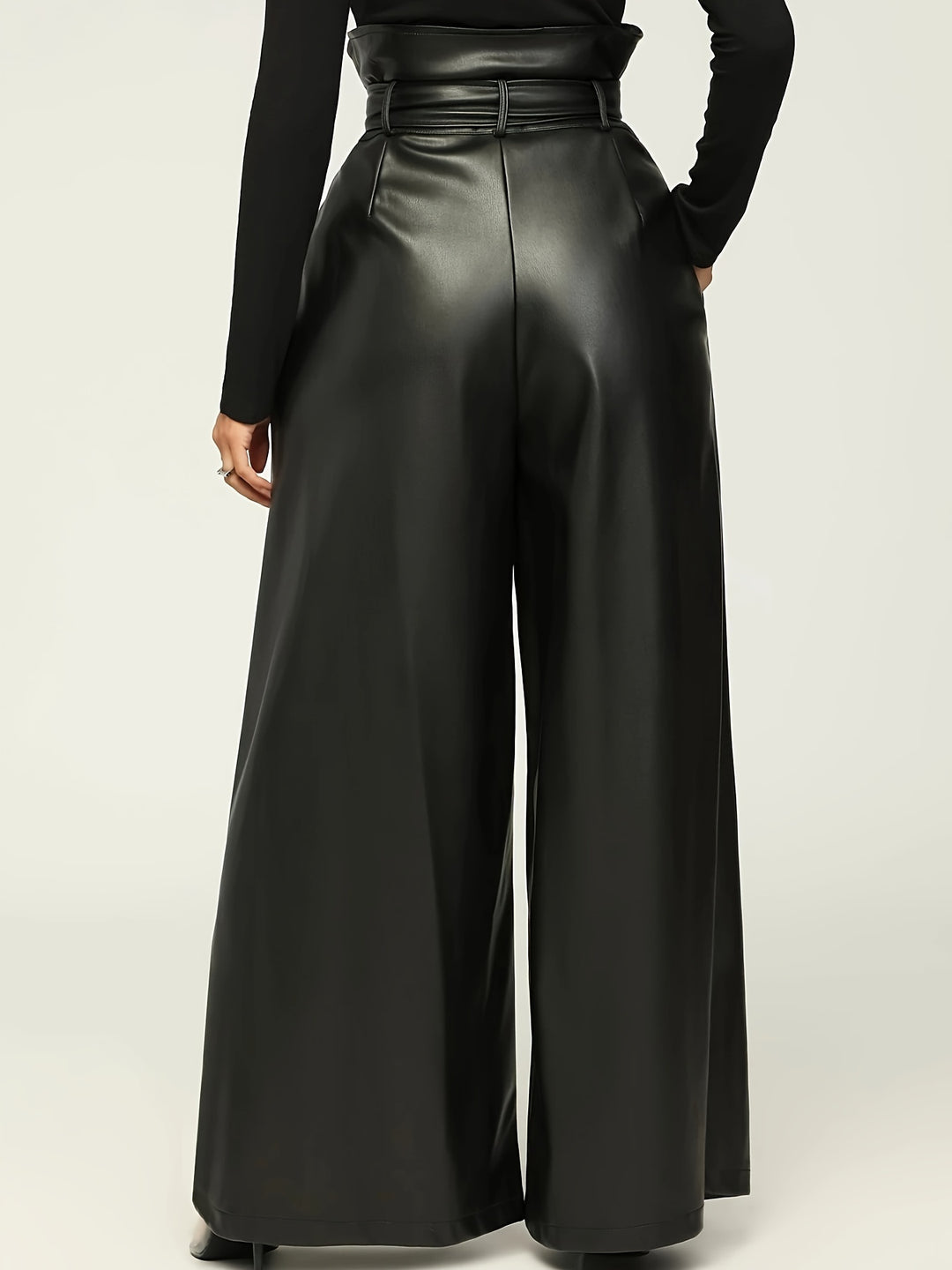 Women's High-Waisted Wide Leg Pants with Metallic Belt Detail