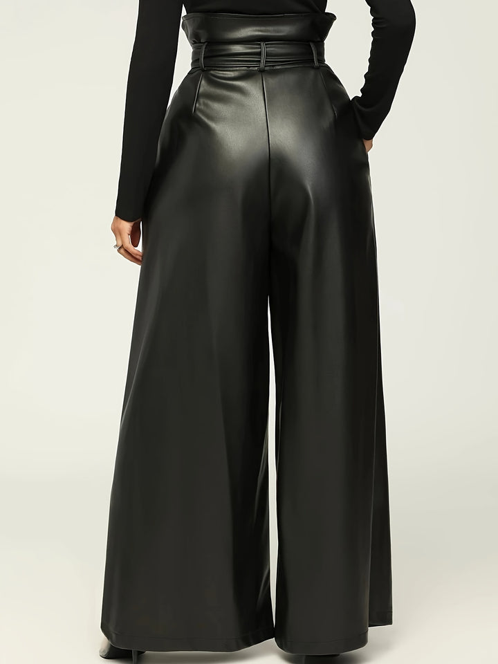 Women's High-Waisted Wide Leg Pants with Metallic Belt Detail