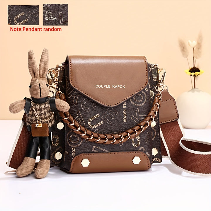 FKTSR Women's Elegant Mini Crossbody Handbag with Magnetic Closure & Adjustable Chain Strap - Golden-Tone Hardware, Brown/White, Compact Purse with Wrist Strap & Detachable Strap, Golden-Tone Hardware, Lining - Versatile Ever